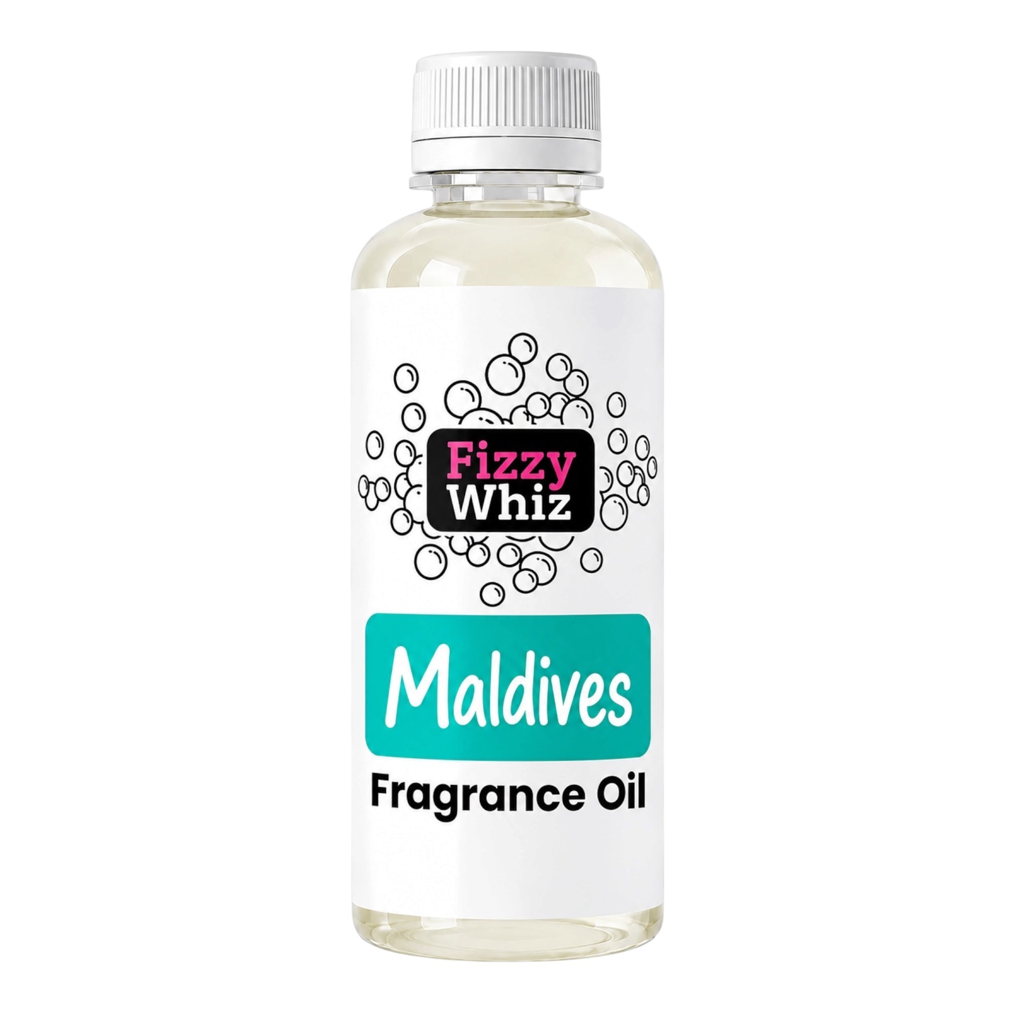 A bottle of Fizzy Whiz Maldives Fragrance Oil on a solid white background. The bottle is made of clear plastic, showing the pale yellow liquid inside, and has a white screw cap and a white label with black, pink, and teal branding.