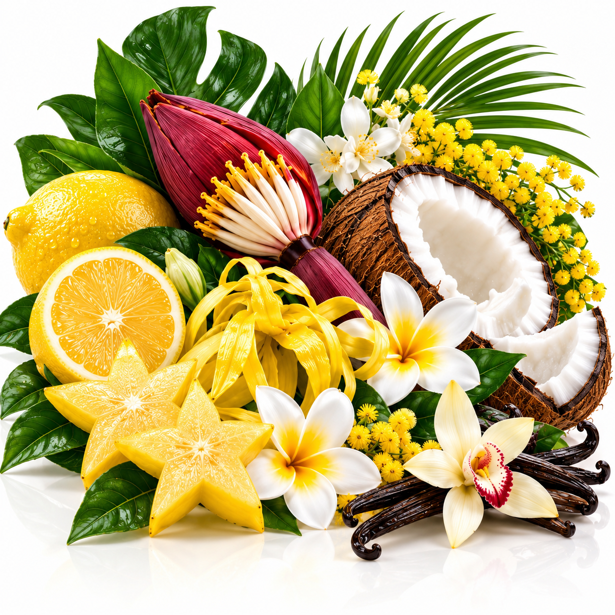 A tropical fruit and flower arrangement on a white background, including a whole and sliced yellow lemon, a halved coconut showing white flesh, star-shaped yellow starfruit, dark brown vanilla beans, green leaves, a magenta flower bud, white plumeria flowers, and small yellow blossoms.