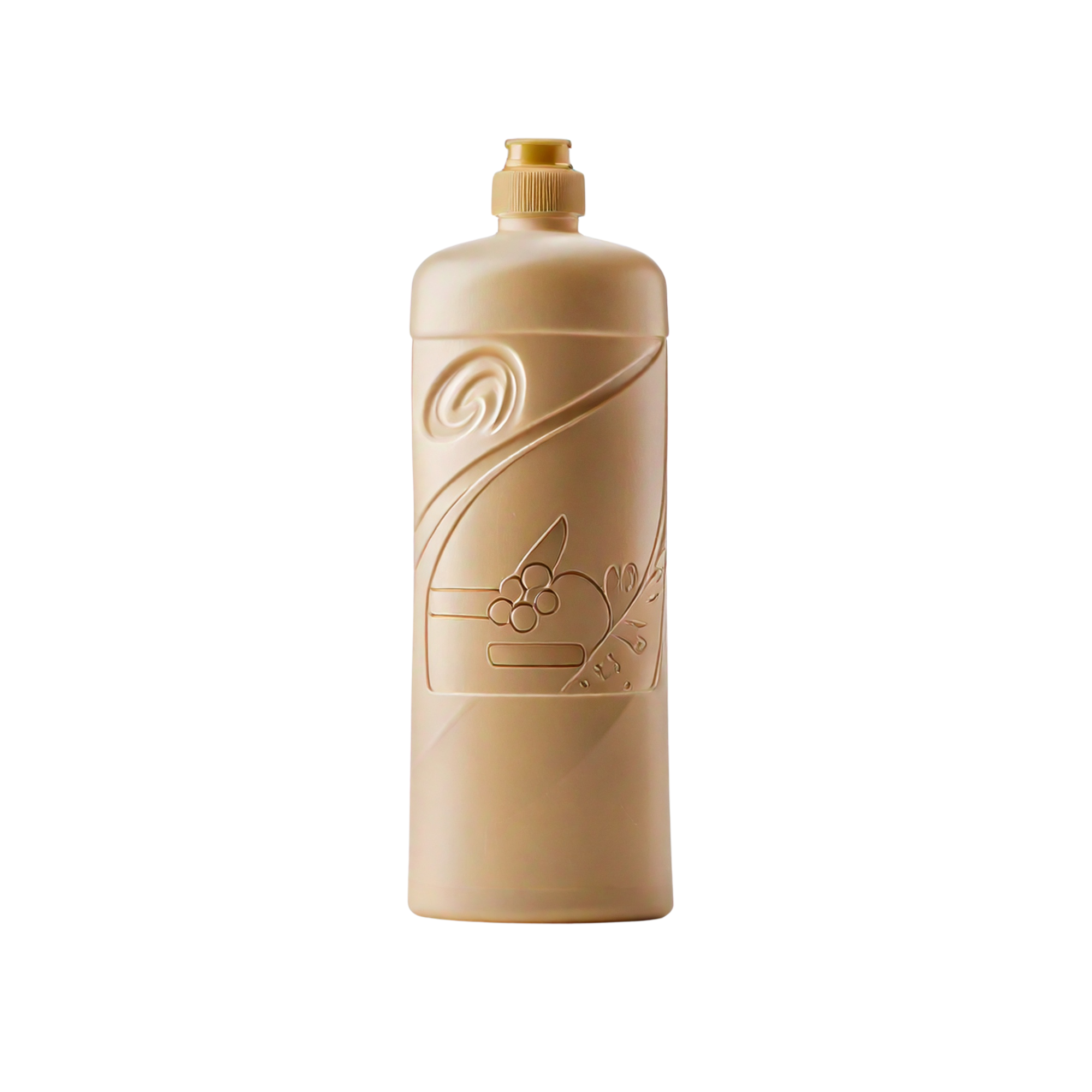 bronze plastic bottle with an embossed swirl and fruit design and a pink screw cap, shown upright on a light background.