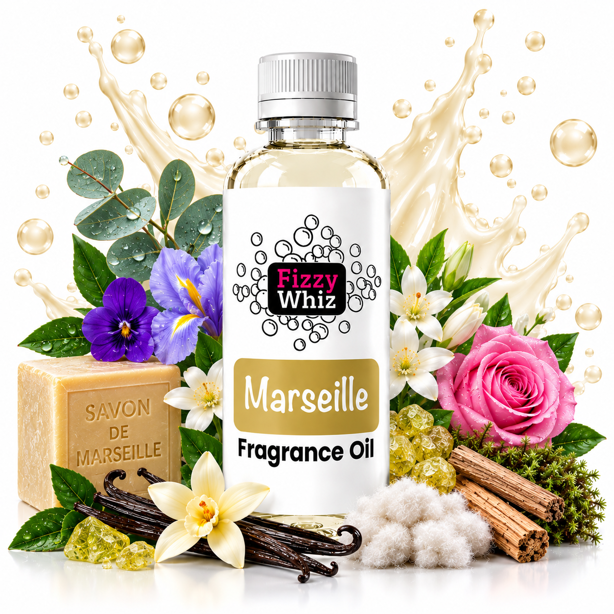 A bottle of Fizzy Whiz Marseille Fragrance Oil centered on a white background, surrounded by fragrance-themed props including a bar of Marseille soap, vanilla beans, cinnamon sticks, flowers, greenery, and a gold liquid splash graphic. The product label reads 'Fizzy Whiz' and 'Marseille Fragrance Oil.