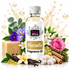 A bottle of Fizzy Whiz Marseille Fragrance Oil centered on a white background, surrounded by fragrance-themed props including a bar of Marseille soap, vanilla beans, cinnamon sticks, flowers, greenery, and a gold liquid splash graphic. The product label reads 'Fizzy Whiz' and 'Marseille Fragrance Oil.