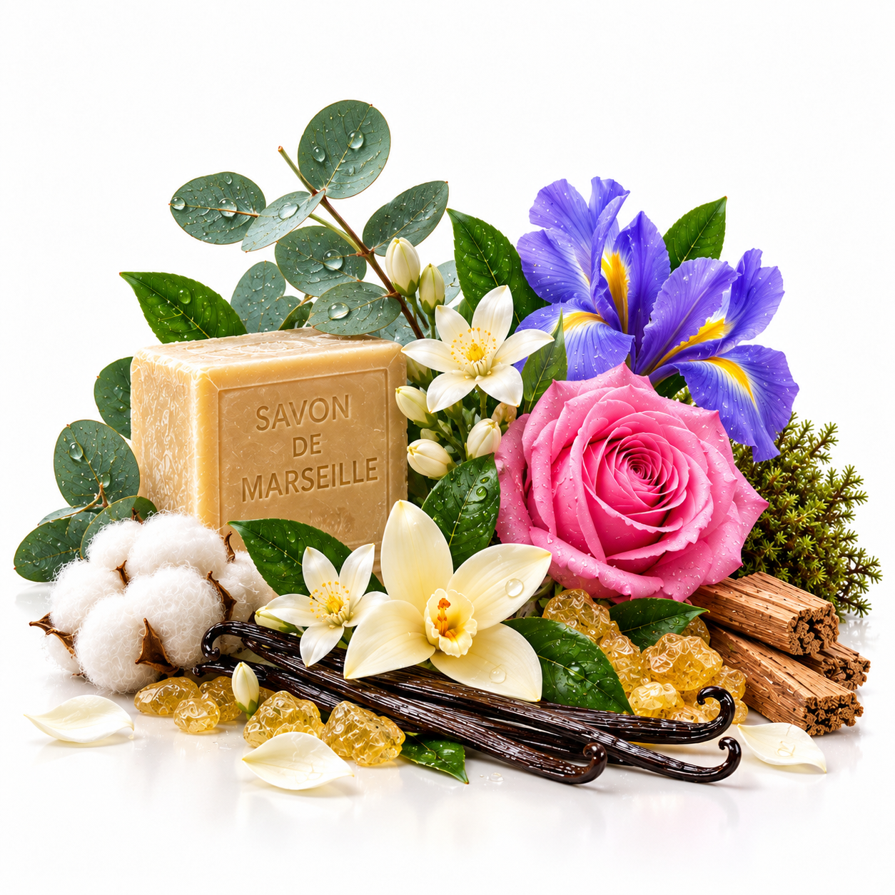 A rectangular bar of Savon de Marseille soap styled with botanical ingredients including a pink rose, purple iris, white vanillas, cotton boll, eucalyptus leaves, cinnamon sticks, and amber crystals on a white background.