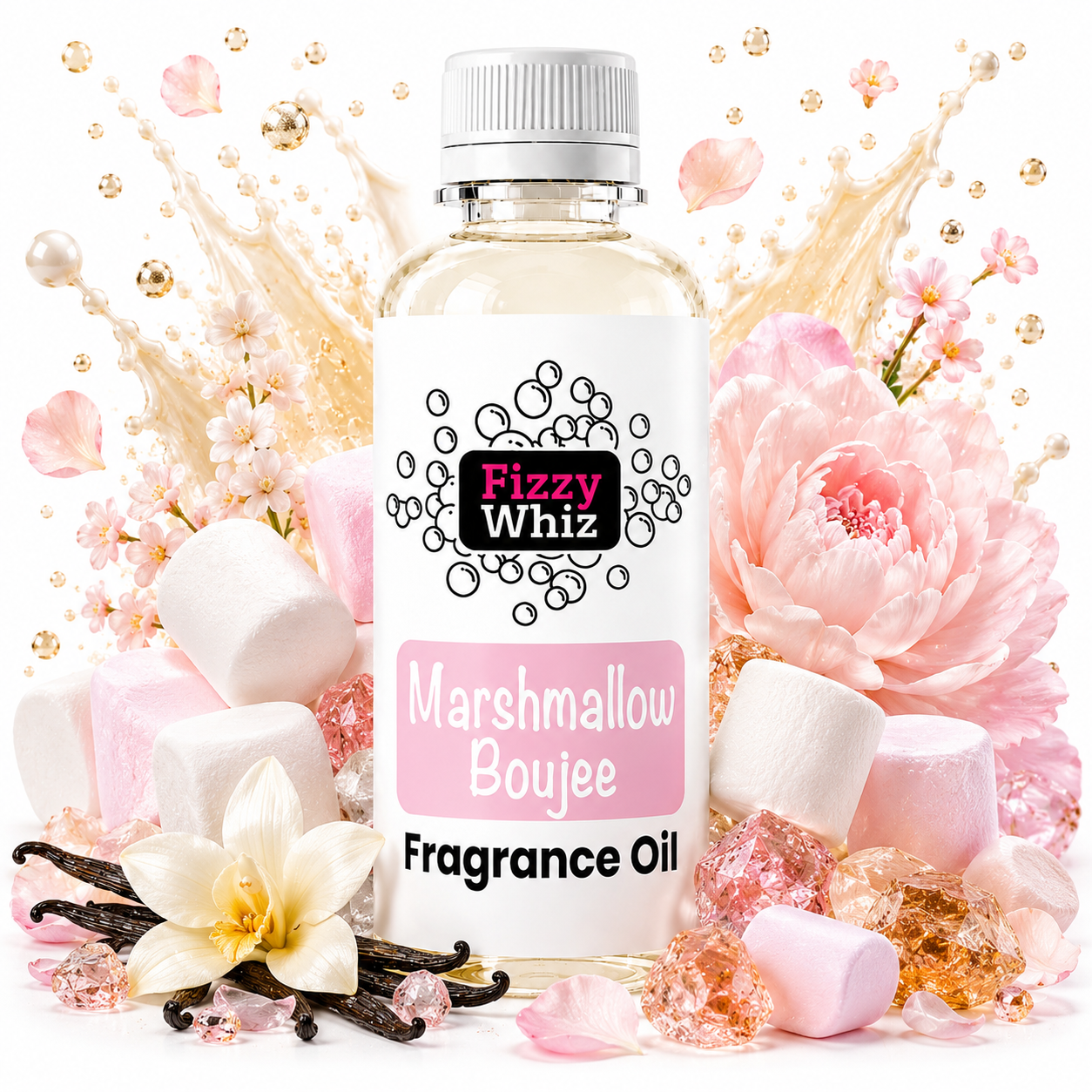 A bottle of Fizzy Whiz Marshmallow Boujee Fragrance Oil centered on a white background, surrounded by pink flowers, marshmallows, vanilla beans, and pink gem-like crystals.