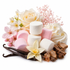 A styled food arrangement on a white background featuring pink and white marshmallows, whipped cream, vanilla beans, flowers, and brown sugar pieces. No person, animal, or real environment is present, so this is Product/Packaging rather than Lifestyle.