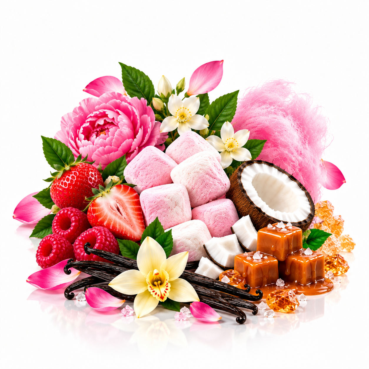 A styled arrangement of pink marshmallows, pink cotton candy, strawberries, raspberries, a halved coconut, caramel squares, vanilla beans, and pink flowers on a white background.