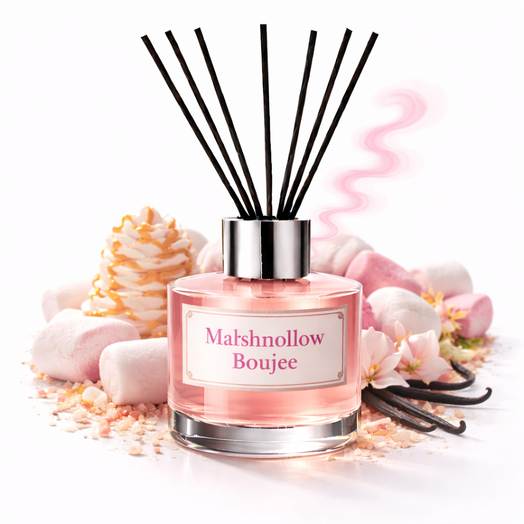 Pink diffuser labeled 'Marshmallow Boujee' with black sticks on a white background