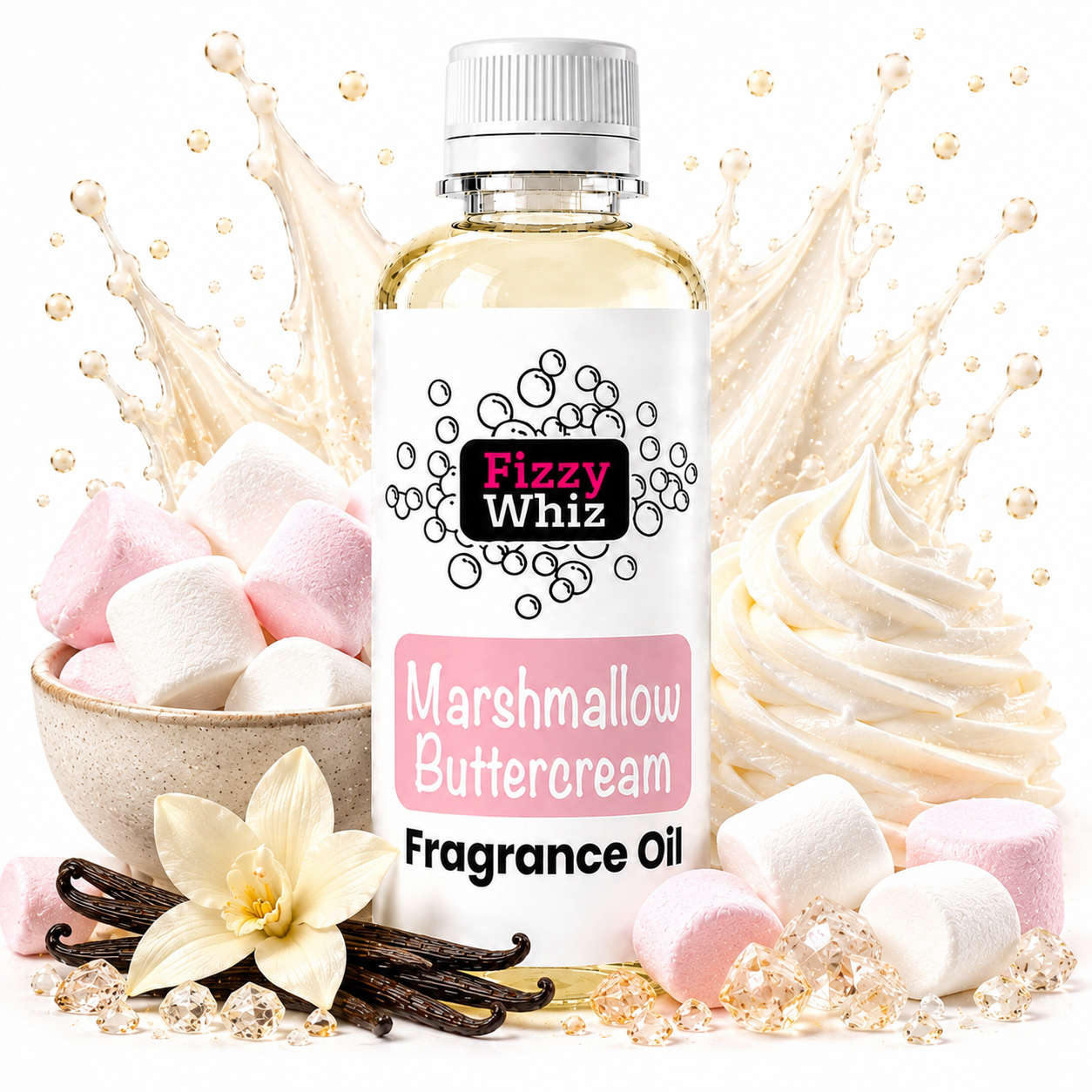 A bottle of Fizzy Whiz Marshmallow Buttercream Fragrance Oil centered on a white background, surrounded by marshmallows, vanilla beans, a vanilla flower, and cream swirls with a splash graphic behind it.