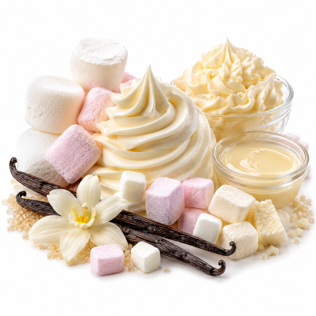 A styled food product shot featuring a large swirl of pale cream frosting or whipped custard, a small glass bowl of pale yellow liquid, marshmallows in white, pink, and peach, vanilla beans, a vanilla flower, and sugar crystals on a white background.