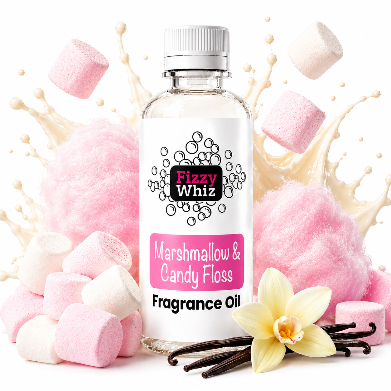 A bottle of Fizzy Whiz Marshmallow & Candy Floss fragrance oil centered on a white background, surrounded by pink cotton candy, pink and white marshmallows, vanilla beans, and a vanilla flower. Liquid splash graphics appear behind the bottle.