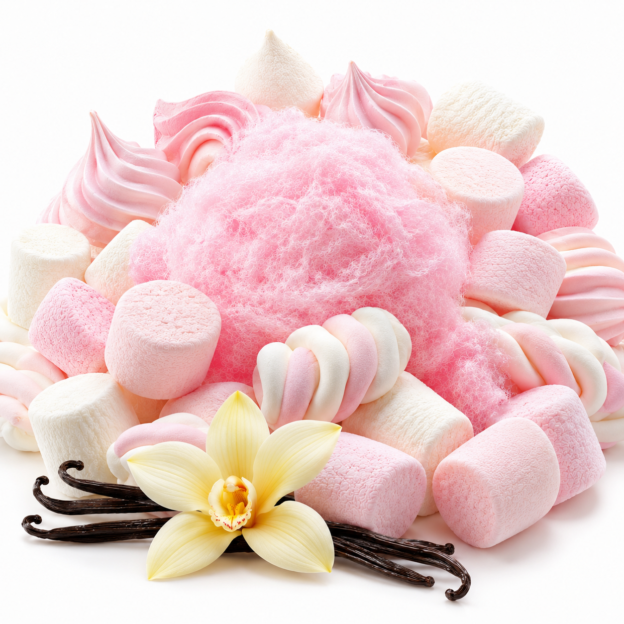 A pile of pink and white marshmallows with a large fluffy pink center, decorated with a pale yellow vanilla flower and dark vanilla bean pods on a clean white background.