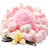 A pile of pink and white marshmallows with a large fluffy pink center, decorated with a pale yellow vanilla flower and dark vanilla bean pods on a clean white background.