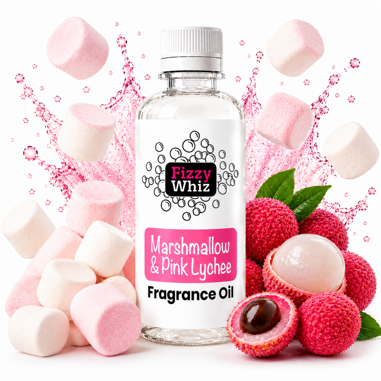 A bottle of Fizzy Whiz Marshmallow & Pink Lychee Fragrance Oil centered on a white background, surrounded by pink and white marshmallows, pink lychees, and green leaves. Pink liquid splashes appear behind the bottle.