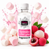 A bottle of Fizzy Whiz Marshmallow & Pink Lychee Fragrance Oil centered on a white background, surrounded by pink and white marshmallows, pink lychees, and green leaves. Pink liquid splashes appear behind the bottle.