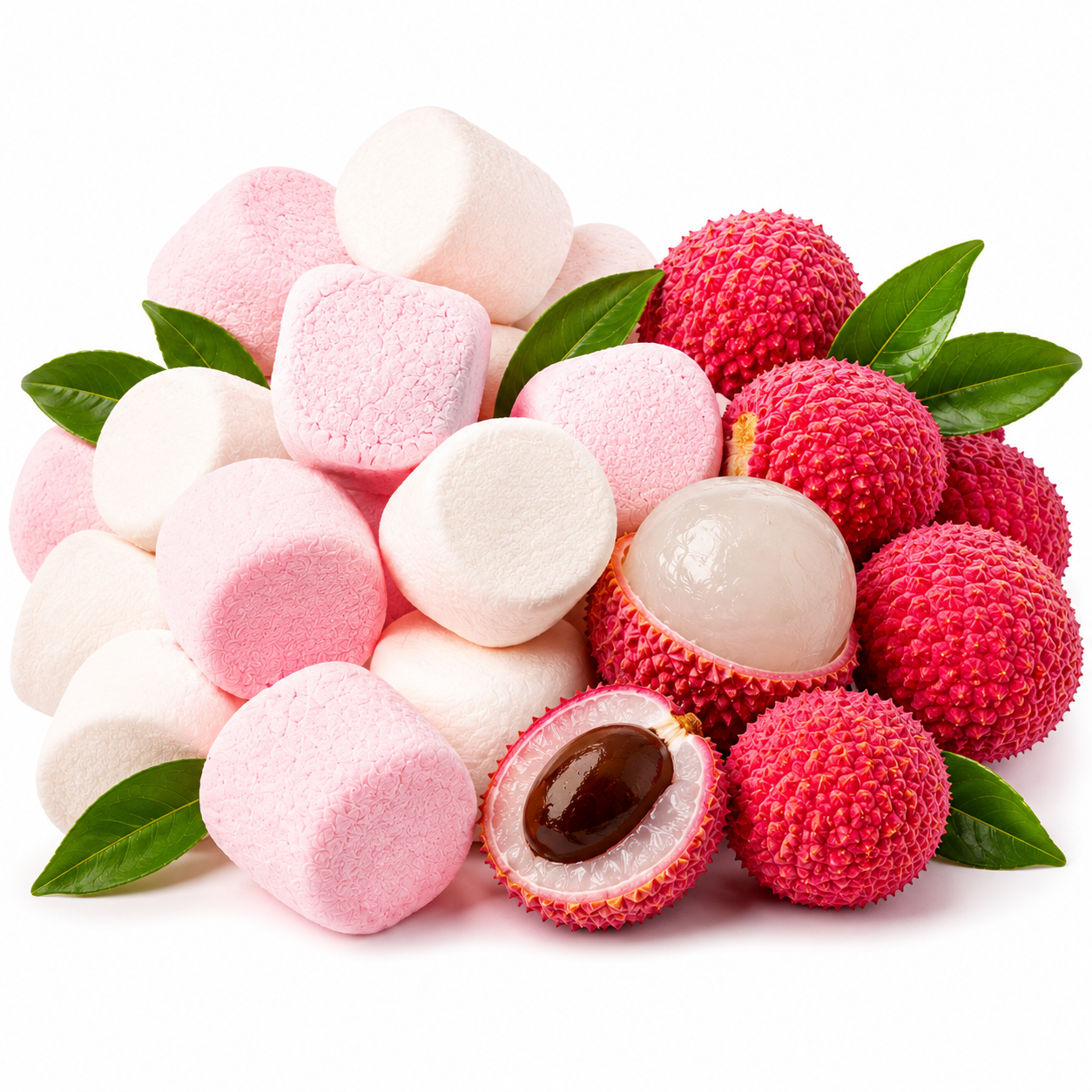 A pile of pink and white marshmallows mixed with red lychees, including whole lychees and one cut open to show the dark seed, with green leaves, on a white background.