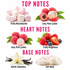 A fragrance notes graphic on a white background with pink headers reading TOP NOTES, HEART NOTES, and BASE NOTES. The top notes section shows fluffy marshmallows labeled Fluffy Marshmallow and juicy pink lychee fruit labeled Juicy Pink Lychee.