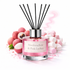 Diffuser bottle labeled 'Marshmallow & Pink Lychee' with lychees and marshmallows on a white background