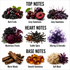A fragrance notes graphic on a white background with three labeled sections: Top Notes, Heart Notes, and Base Notes. Each section shows clusters of illustrated botanicals and spices with text labels such as Dark Fruits, Juicy Sweetness, Mysterious Florals, Subtle Spice, Alluring & Dramatic, Warm Woods, Smooth Sweetness, and Soft Musk.