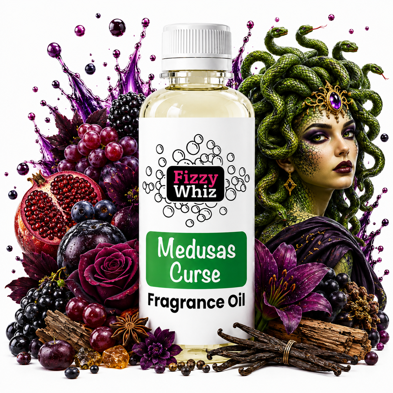 A bottle of Fizzy Whiz 'Medusas Curse' fragrance oil centered against a white background, surrounded by thematic decorative elements including purple grapes, a pomegranate, roses, vanilla pods, and a stylized Medusa head illustration.