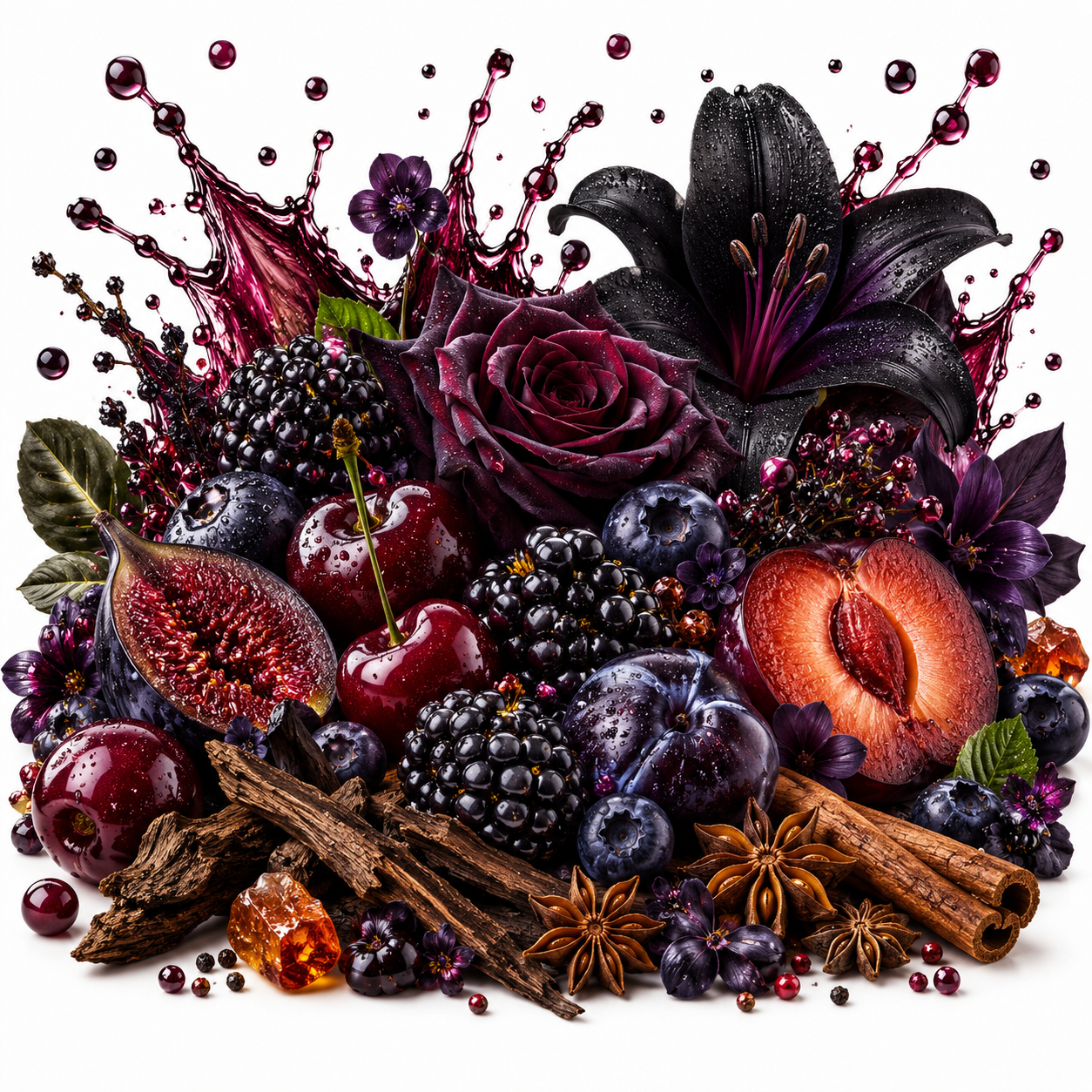 A dramatic still life arrangement of deep purple and black fruits and flowers on a white background, including blackberries, blueberries, a sliced fig, cherries, a peach, cinnamon sticks, star anise, and a large dark purple lily and rose.