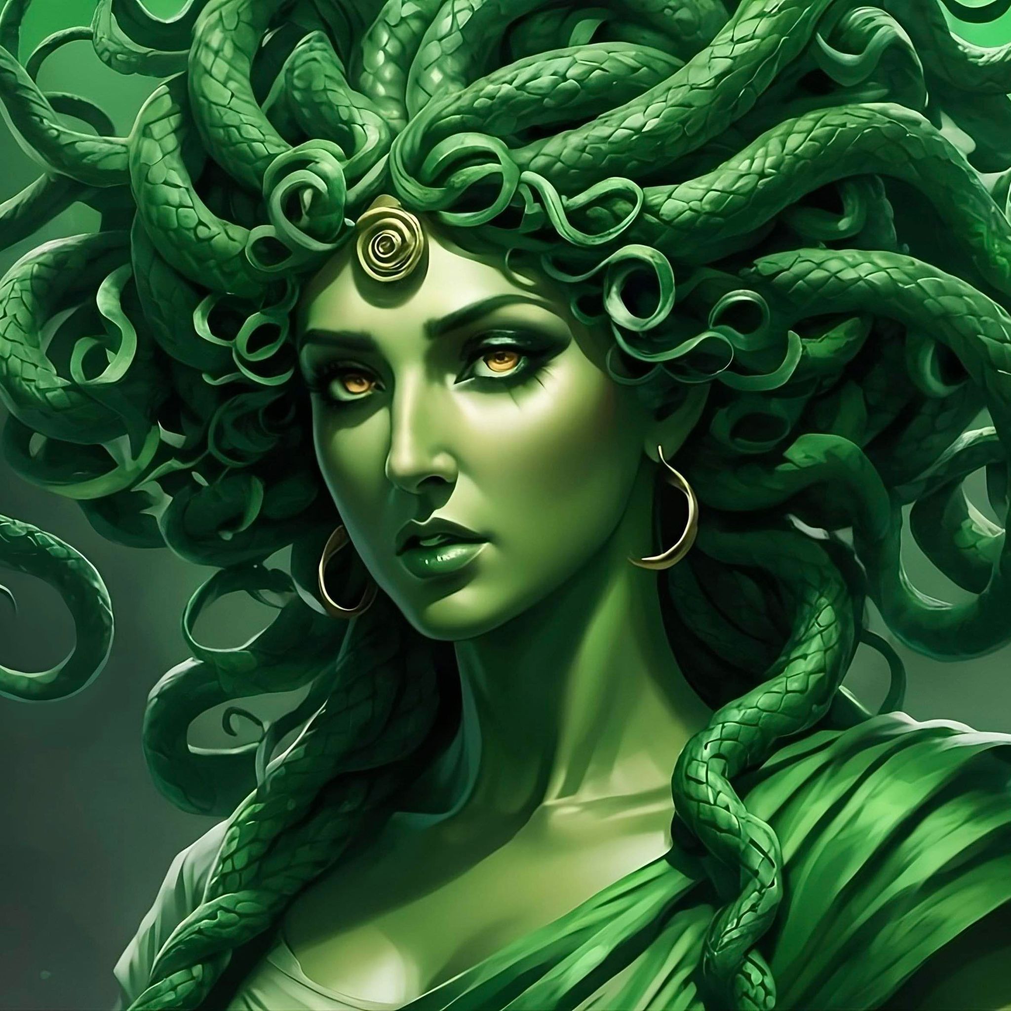 A digital illustration of a character resembling Medusa with green serpentine hair, associated with the 'Medusa's Curse' fragrance oil.