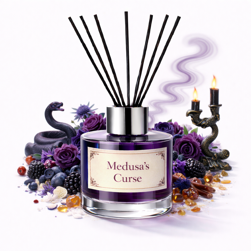 Reed diffuser labeled 'Medusa's Curse' with decorative elements on a white background