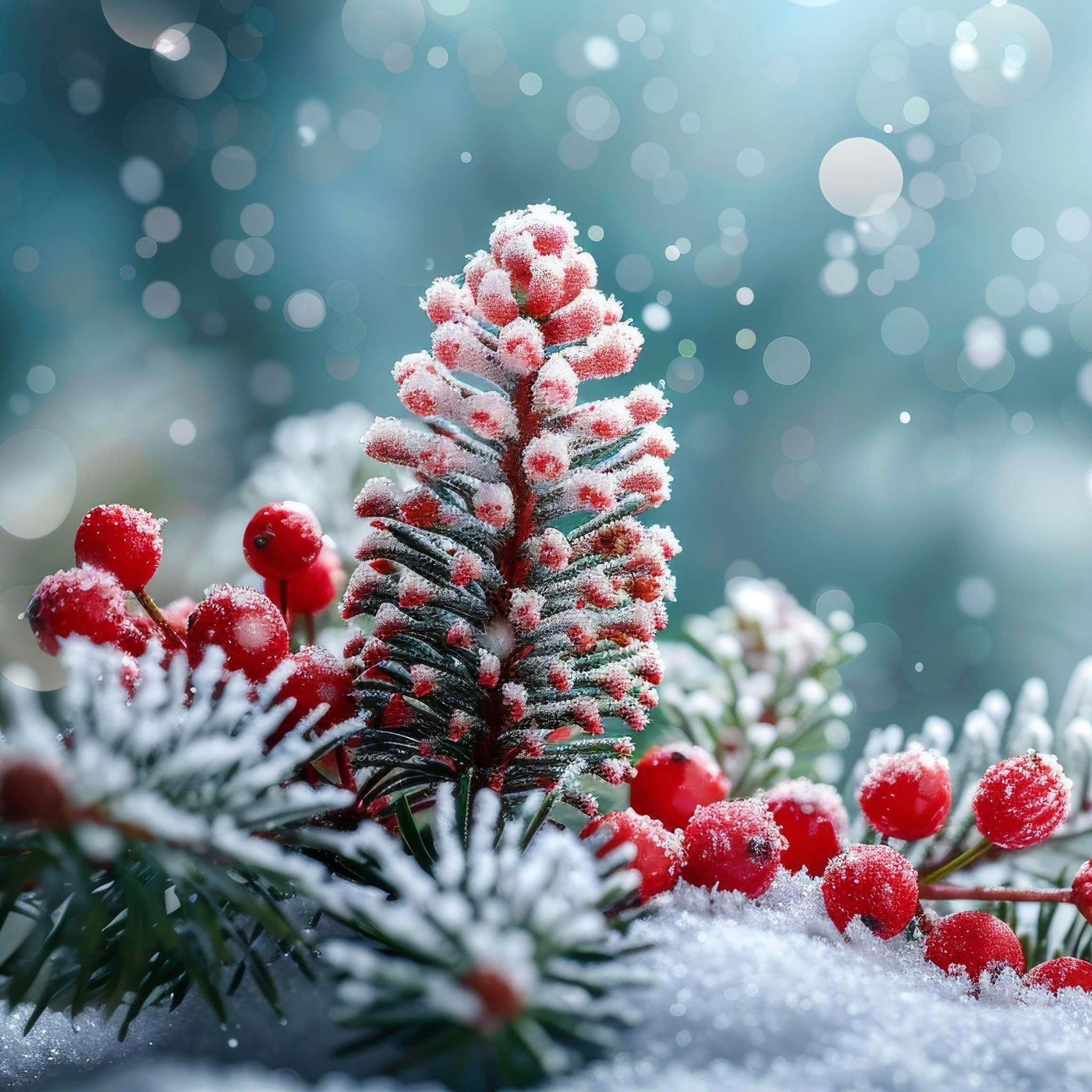A festive image featuring a small Christmas tree covered in snow with red berries, set against a blurred background with bokeh lights.