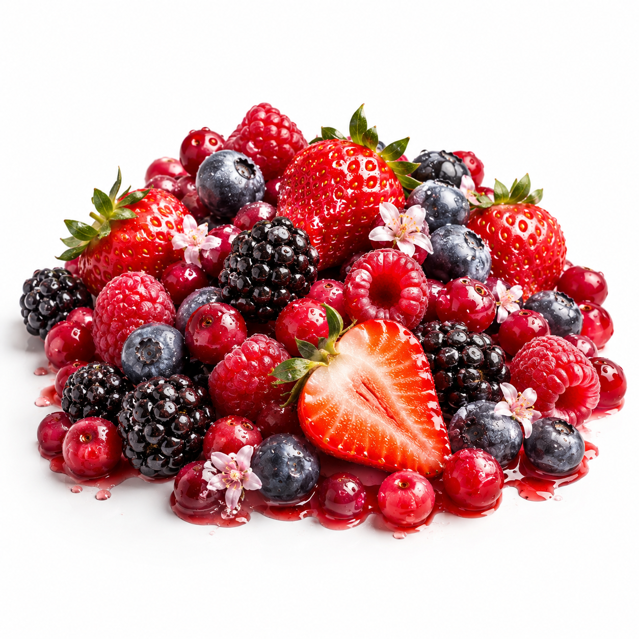A pile of fresh mixed berries including strawberries, blueberries, raspberries, and blackberries on a clean white background.
