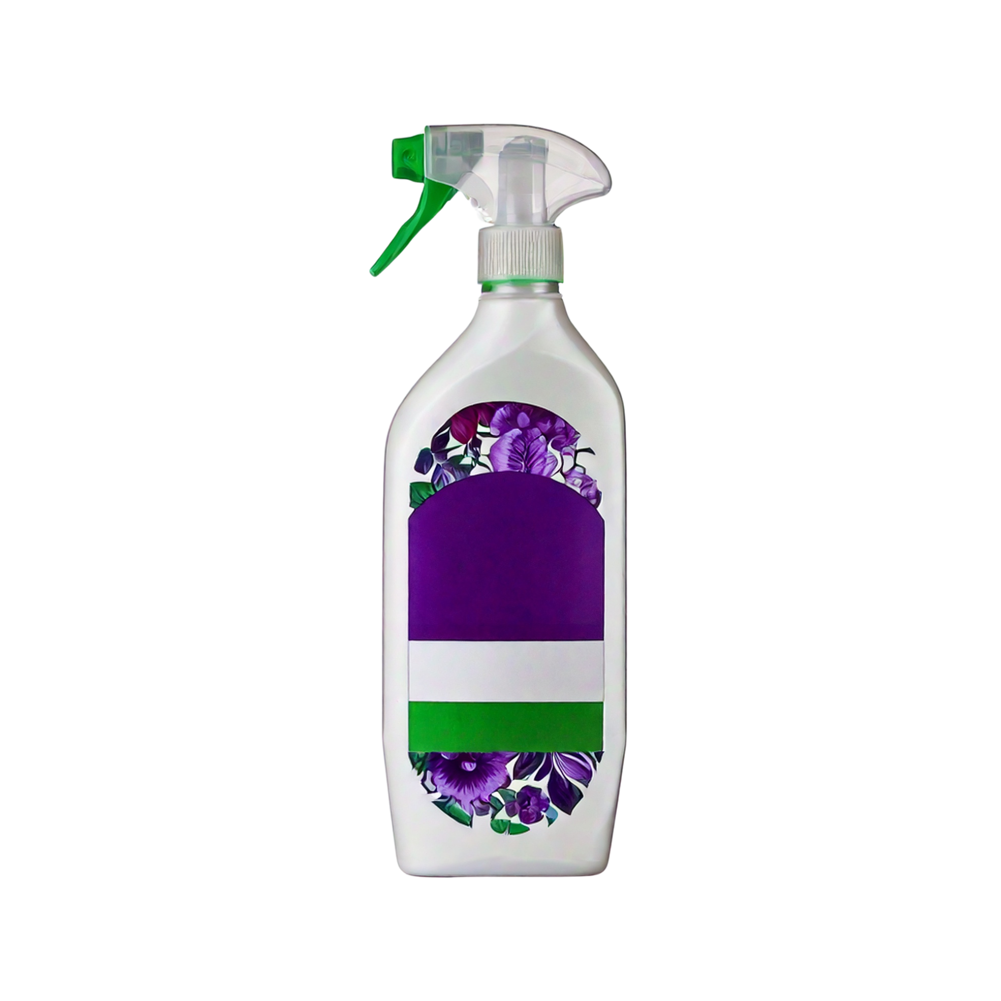 Clear trigger spray bottle with a light purple body, green spray nozzle, and decorative floral label featuring purple flowers and green accents, shown upright on a light background.