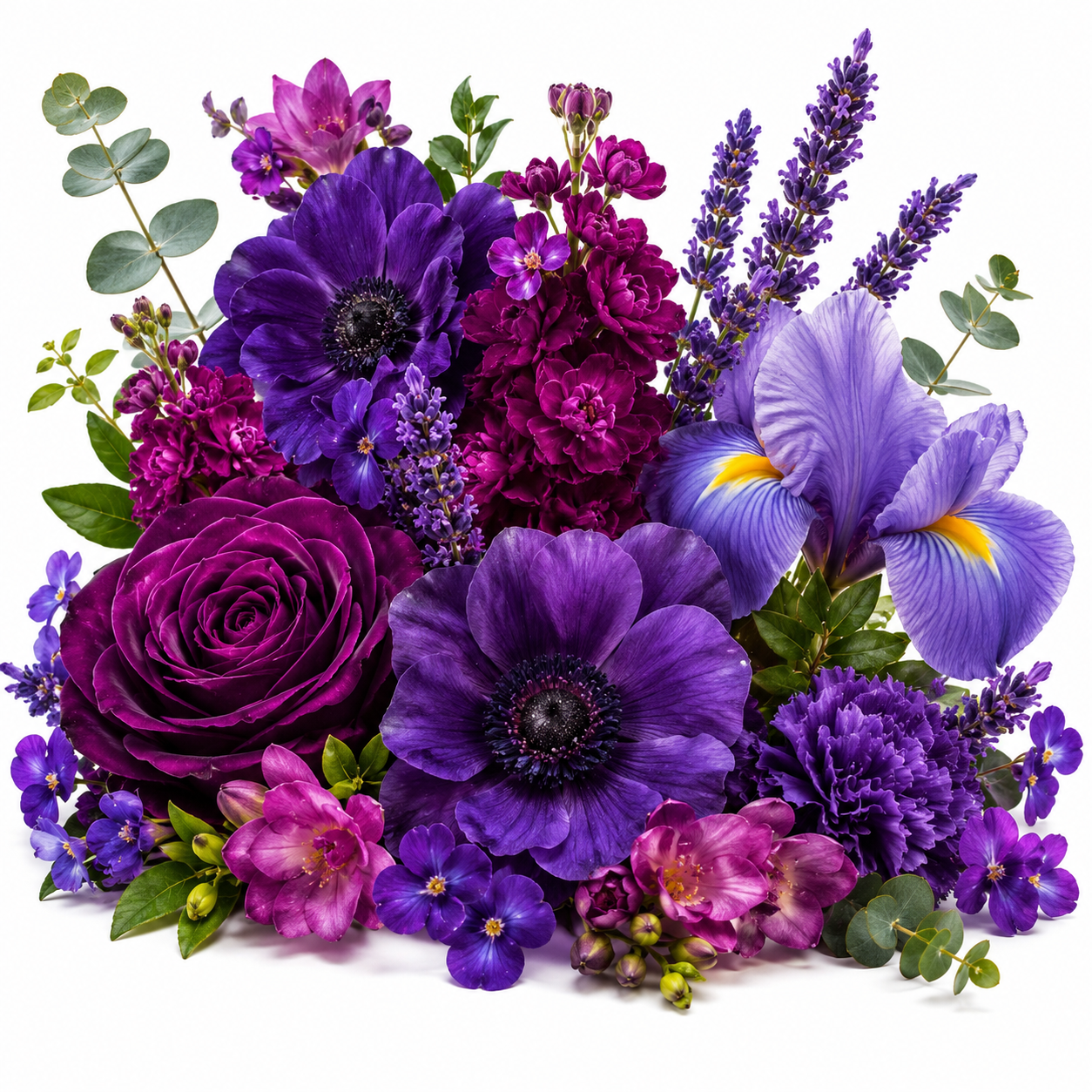 A vibrant floral bouquet featuring purple and magenta flowers, including anemones, irises, roses, and carnations, accented with green eucalyptus leaves, set against a solid white background.