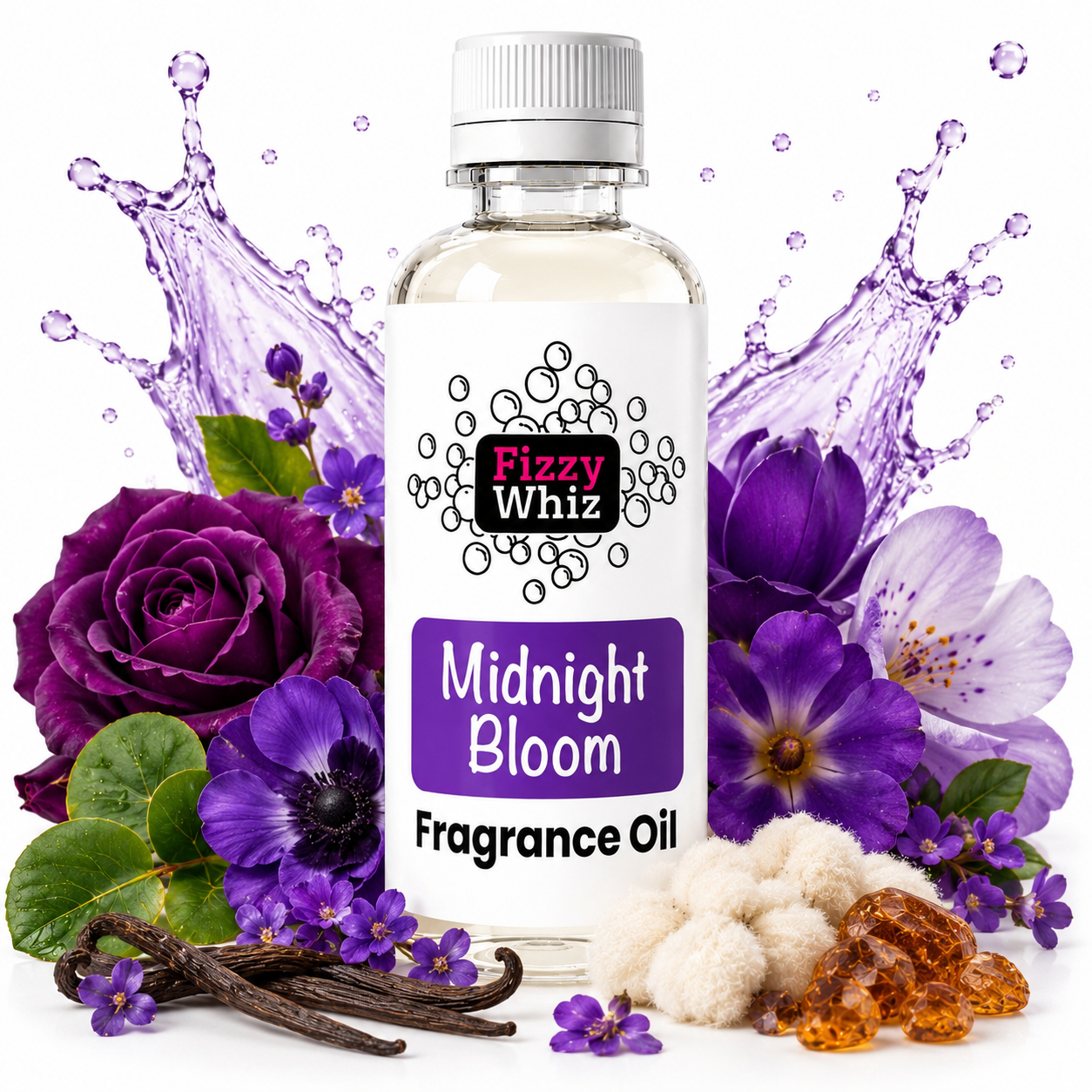 A bottle of Fizzy Whiz Midnight Bloom Fragrance Oil centered on a white background, surrounded by purple flowers, vanilla beans, amber crystals, and purple liquid splash graphics.