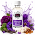 A bottle of Fizzy Whiz Midnight Bloom Fragrance Oil centered on a white background, surrounded by purple flowers, vanilla beans, amber crystals, and purple liquid splash graphics.
