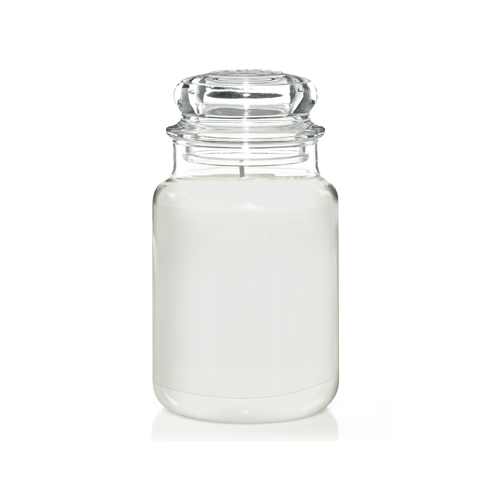 A clear glass jar filled with white liquid, presumably the fragrance oil, with a clear glass lid on top.