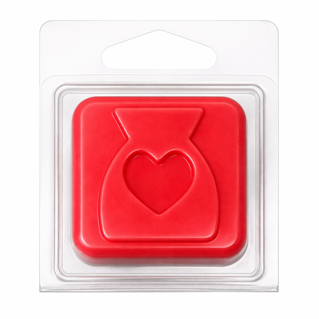 Mini Red Wax Burner Clamshell With Hanging Tab On a white background 