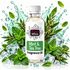 A bottle of Fizzy Whiz Mint & Tea Tree Fragrance Oil centered against a white background, surrounded by mint leaves, tea tree leaves, ice cubes, and a green splash graphic. The bottle has a white cap and a white label with green and black text.
