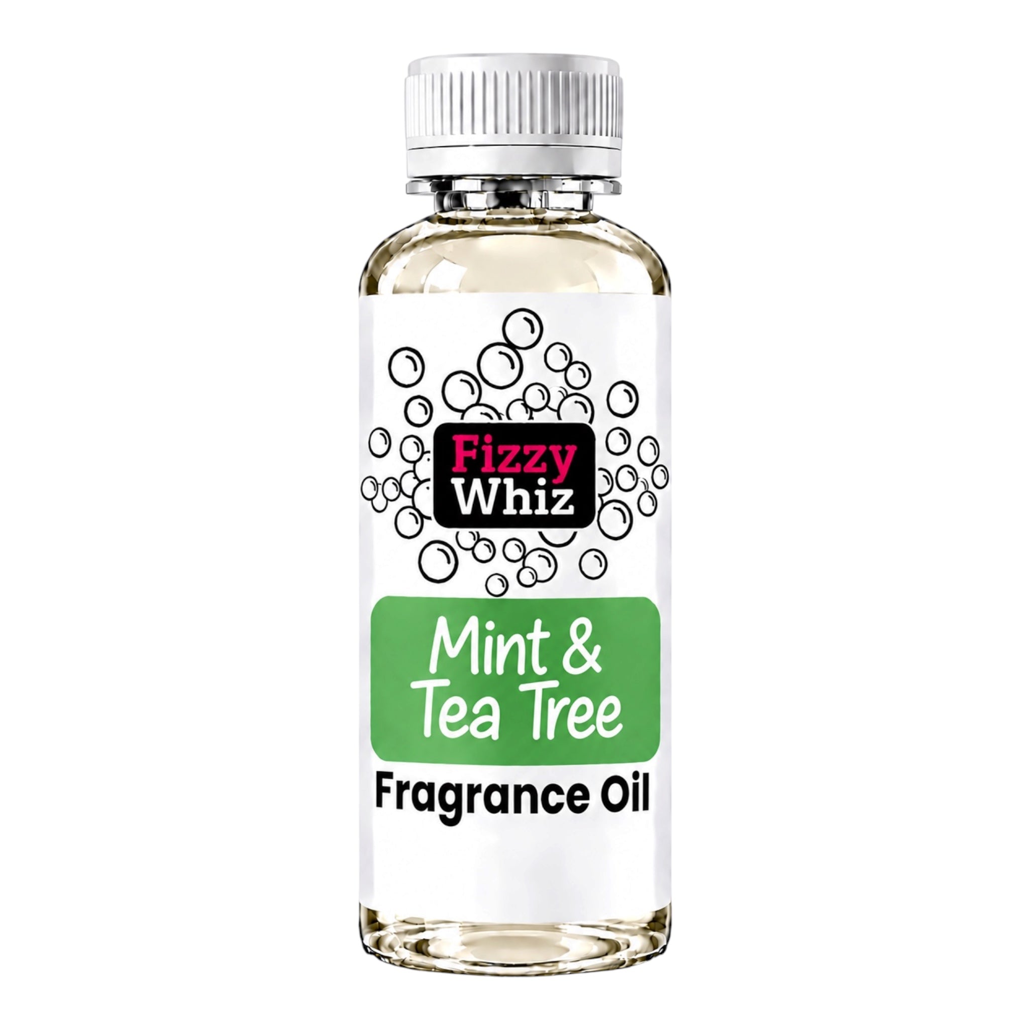 A bottle of Fizzy Whiz Mint & Tea Tree Fragrance Oil with a white cap and a white label featuring a green block and black text, set against a plain white background.