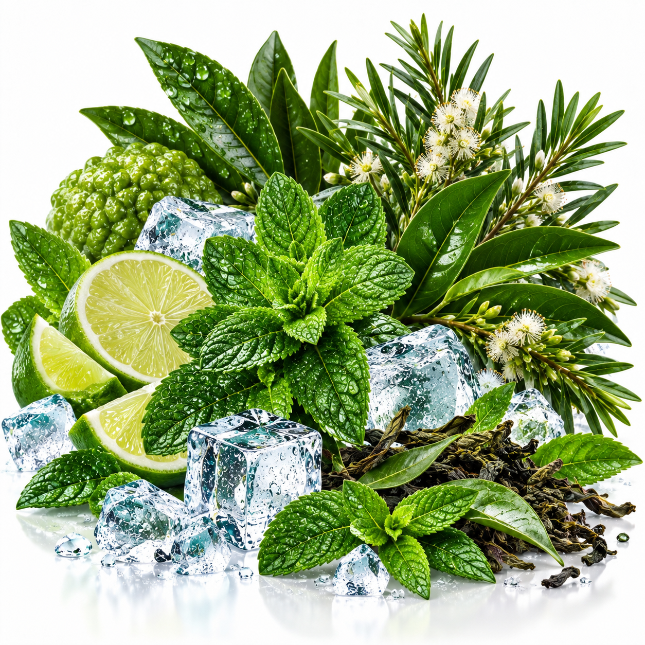 A styled botanical arrangement of fresh green herbs and citrus on ice, including mint leaves, lime wedges, green leaves, ice cubes, and small white flowers on a white background.