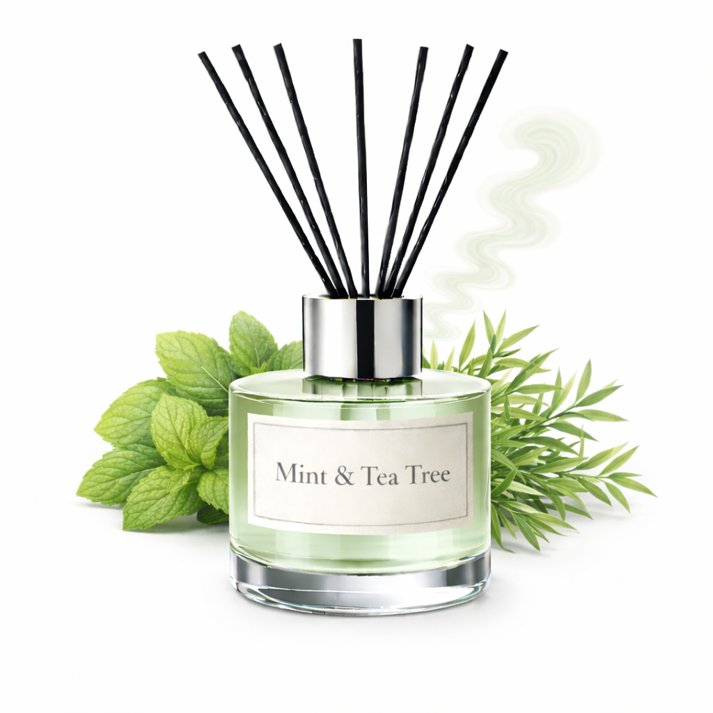 Diffuser bottle labeled 'Mint & Tea Tree' with black reeds and green leaves on a white background