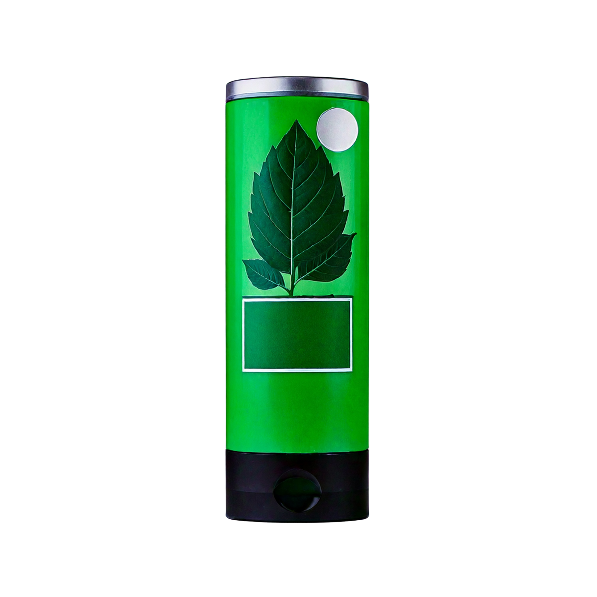 Tall green squeeze tube with a black flip-top cap, featuring a mint leaf graphic and a blank label panel, shown upright on a plain light background.
