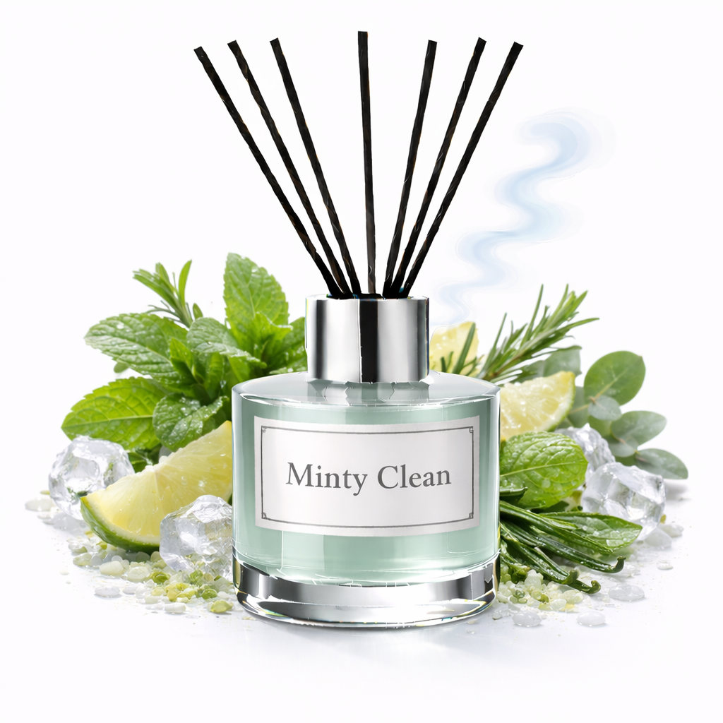 Diffuser with 'Minty Clean' label surrounded by mint leaves and lime slices on a white background