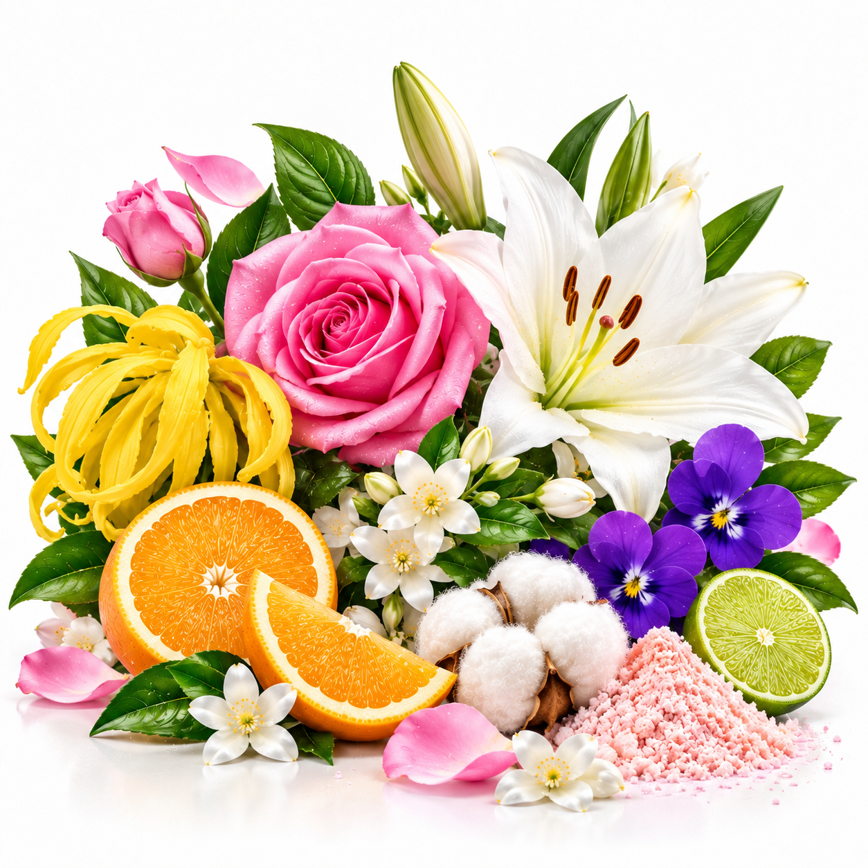 A vibrant botanical and floral arrangement on a white background, featuring a pink rose, white lily, purple flowers, yellow blossoms, orange slices, cotton bolls, lime, and a pile of pink crystals.