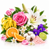 A vibrant botanical and floral arrangement on a white background, featuring a pink rose, white lily, purple flowers, yellow blossoms, orange slices, cotton bolls, lime, and a pile of pink crystals.