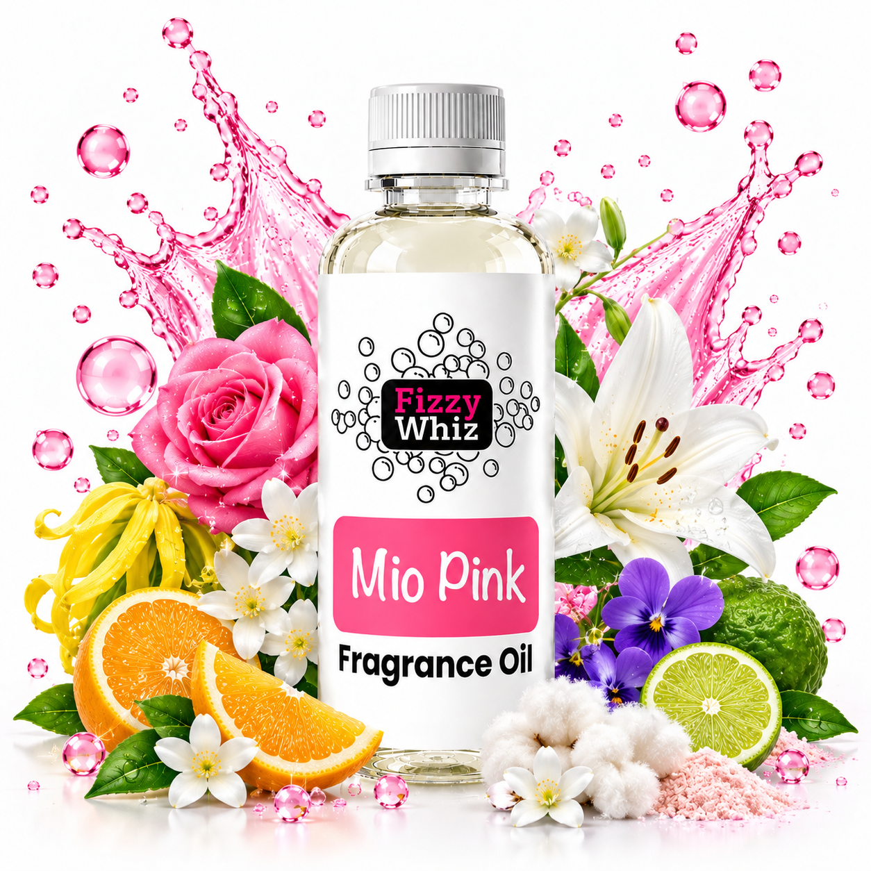 A bottle of Fizzy Whiz Mio Pink Fragrance Oil centered on a white background, surrounded by pink and citrus fruit, flowers, and pink splash graphics. The label reads 'Fizzy Whiz' and 'Mio Pink Fragrance Oil'.