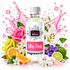 A bottle of Fizzy Whiz Mio Pink Fragrance Oil centered on a white background, surrounded by pink and citrus fruit, flowers, and pink splash graphics. The label reads 'Fizzy Whiz' and 'Mio Pink Fragrance Oil'.