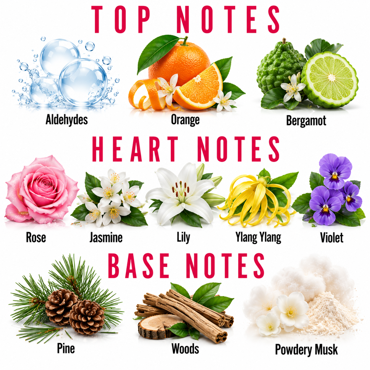 A fragrance notes infographic on a white background, divided into Top Notes, Heart Notes, and Base Notes. The top notes feature aldehydes (water droplets), orange (orange slice, peel, and bergamot), and bergamot.
