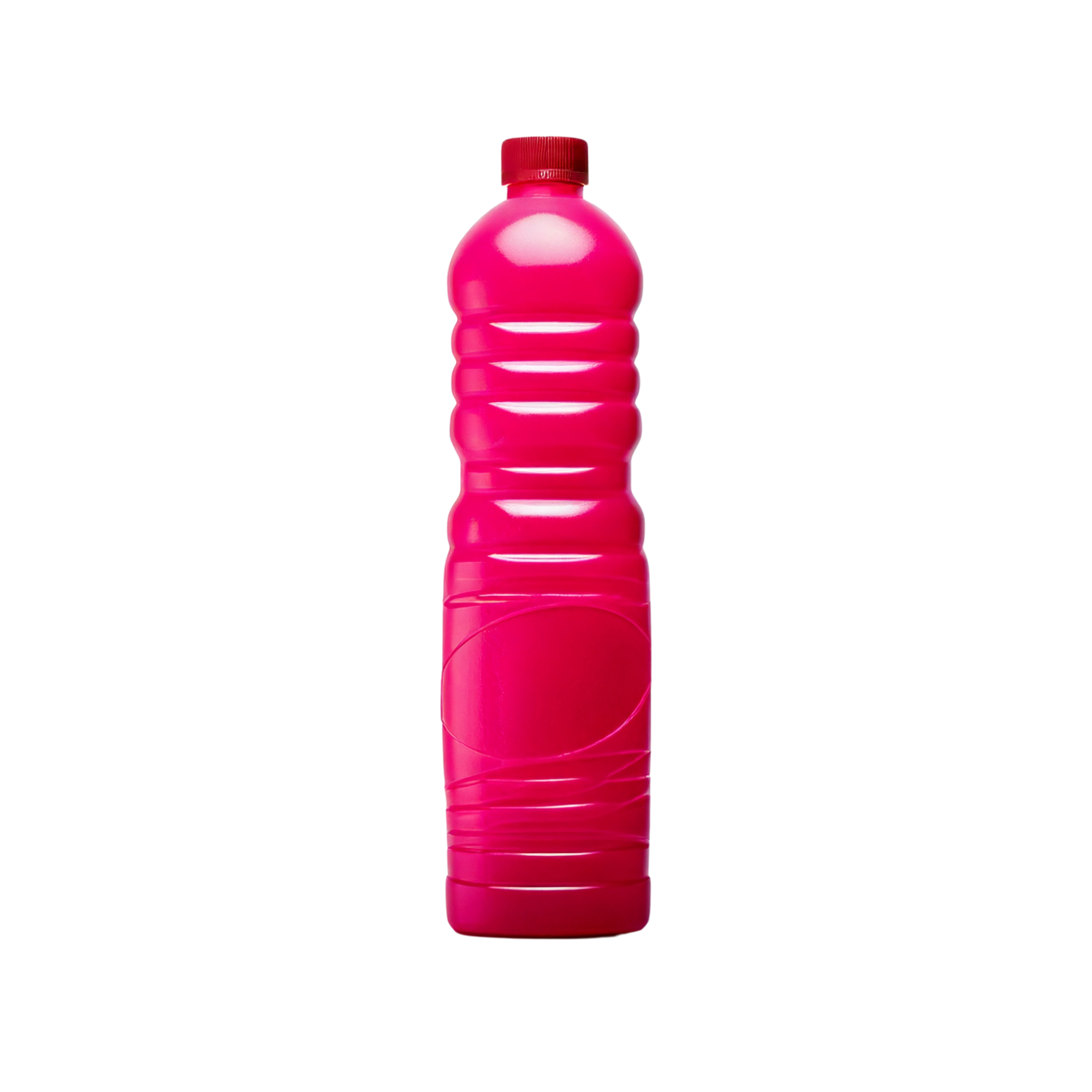 Tall pink plastic bottle with a ribbed design and red screw cap, shown upright on a light background.