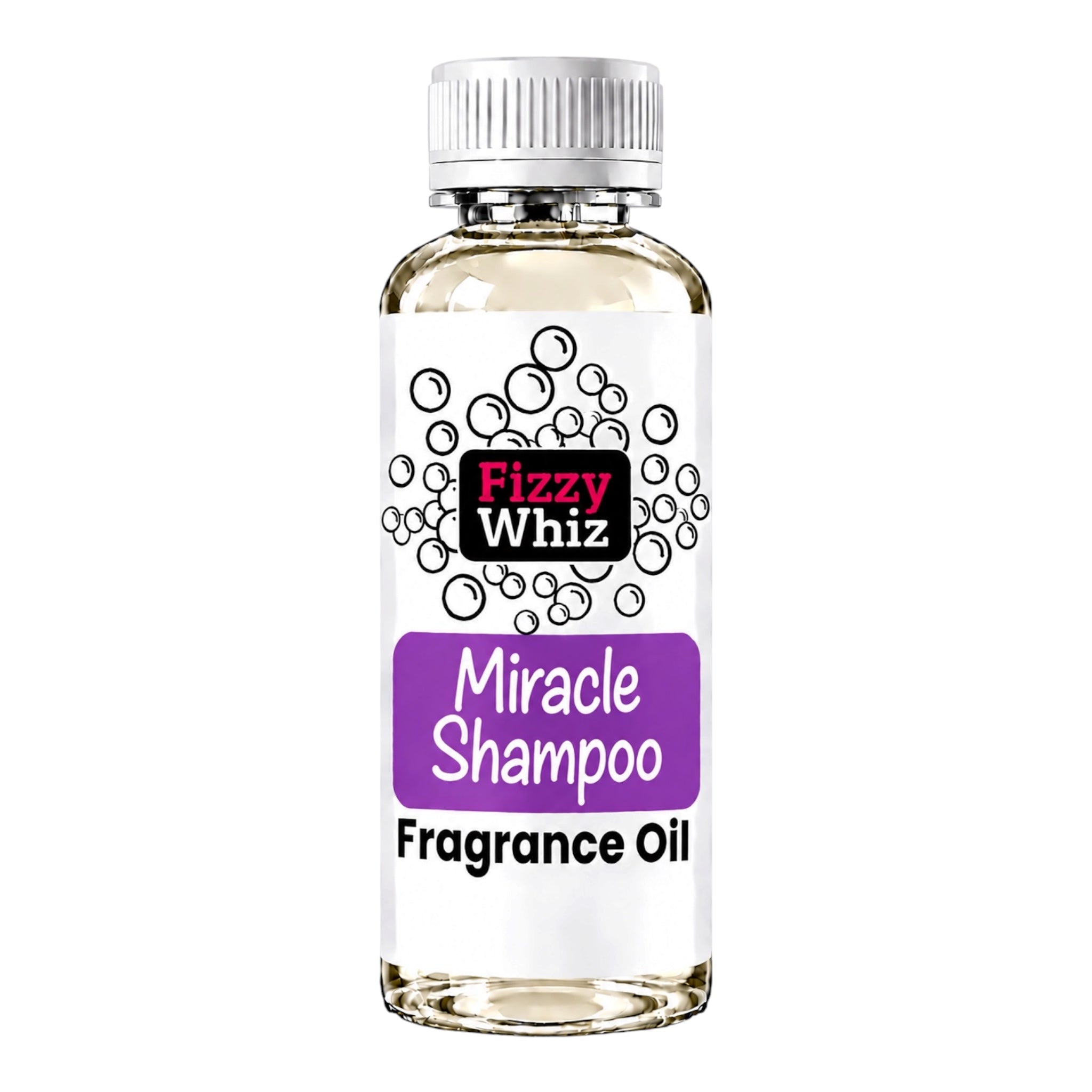 A clear bottle of Fizzy Whiz Miracle Shampoo Fragrance Oil with a white cap, showing the pale yellow liquid inside. The label features a white background with black bubble graphics, a black brand logo with pink text, and a purple banner reading 'Miracle Shampoo'.