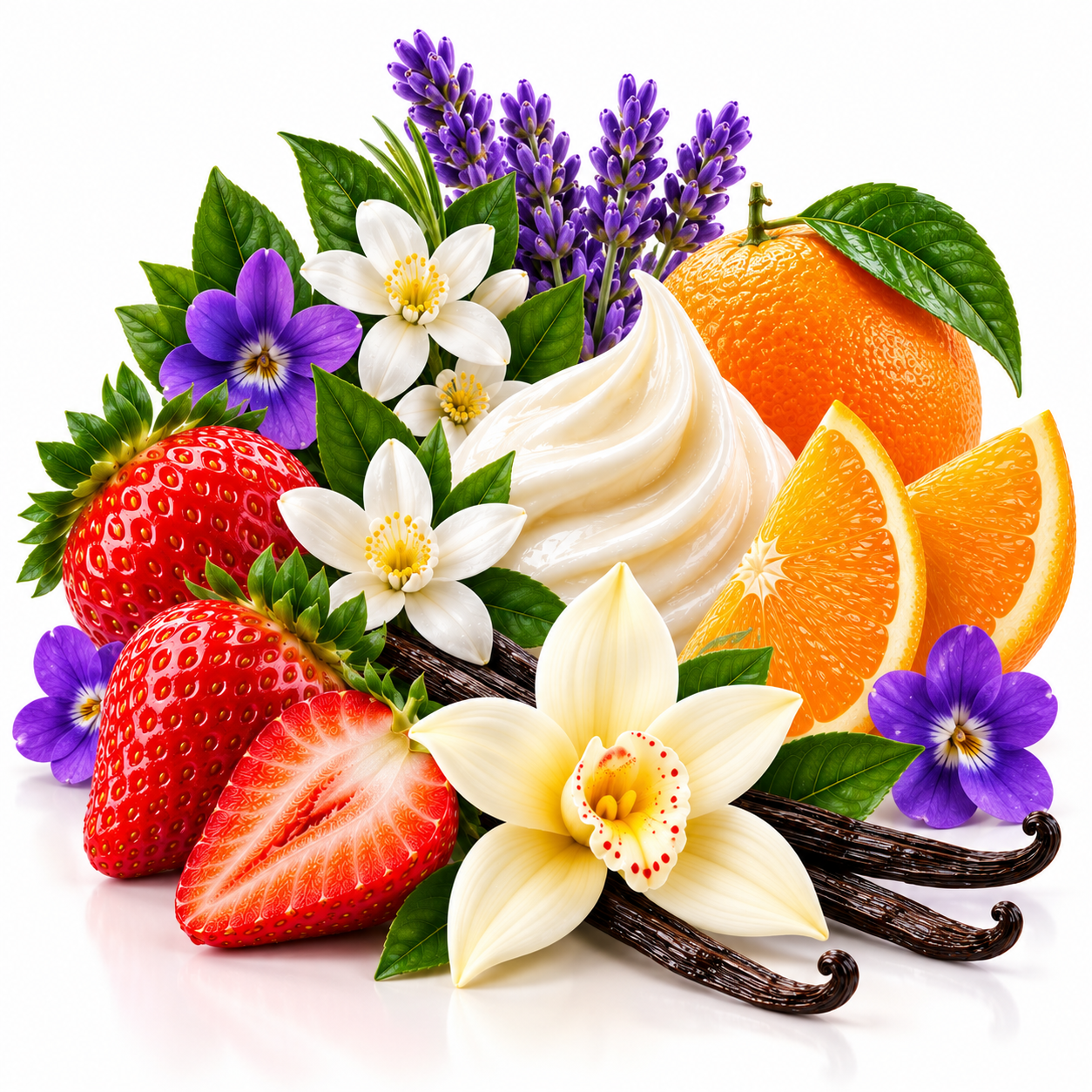 A styled botanical arrangement of vanilla extract ingredients and flowers on a white background, including vanilla beans, sliced strawberries, whole and orange slices, purple flowers, white blossoms, and green leaves.