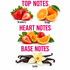 A fragrance notes graphic on a white background with pink text reading 'TOP NOTES', 'HEART NOTES', and 'BASE NOTES'. Top notes show strawberries and oranges; heart notes show more strawberries, oranges, and strawberries with vanilla beans and a vanilla flower at the bottom labeled 'Vanilla'.