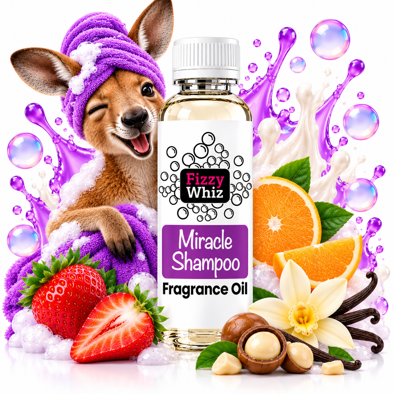 A bottle of Fizzy Whiz Miracle Shampoo fragrance oil stands in the center, surrounded by illustrated fruit and spa-themed elements including strawberries, orange slices, vanilla flowers, beans, bubbles, and a cartoon kangaroo wrapped in a purple towel. The product label reads 'Fizzy Whiz Miracle Shampoo Fragrance Oil.