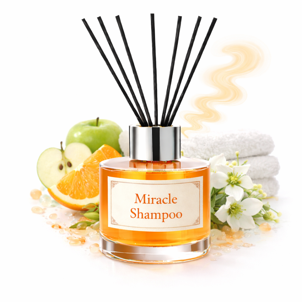 Reed diffuser labeled 'Miracle Shampoo' with fruits and flowers on a white background